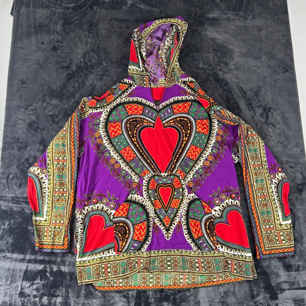Raanpahmuang Dashiki Hoodie Women XXL‎ Purple Red Heart Print Cotton Boho
